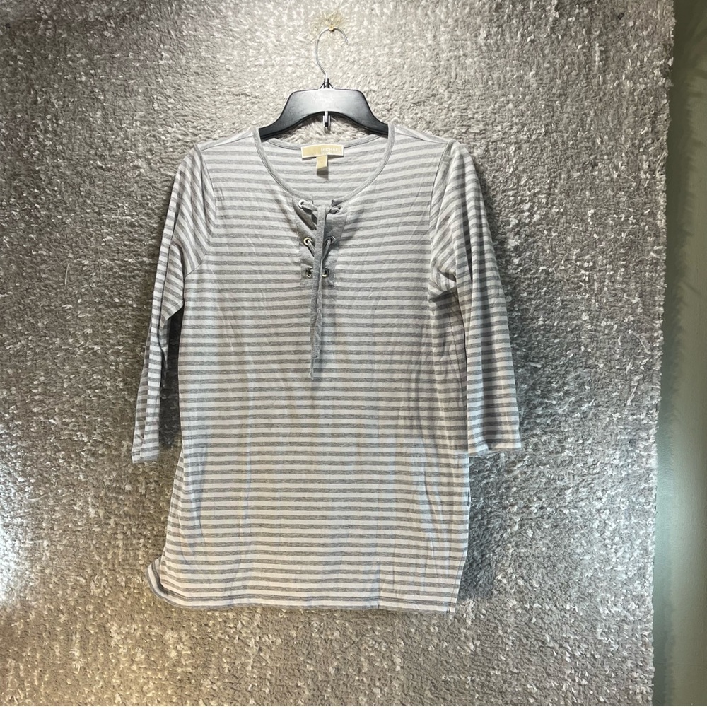 Michael Kors Tunic Shirt Womens Medium‎ Gray White Striped Long Sleeve Pullover